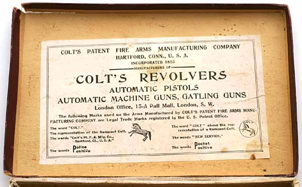 nside box label references Automatic Pistols, Automatic Machine Guns and Gatling Guns as well as the London Office at 15-A Pall Mall, London S.W. 