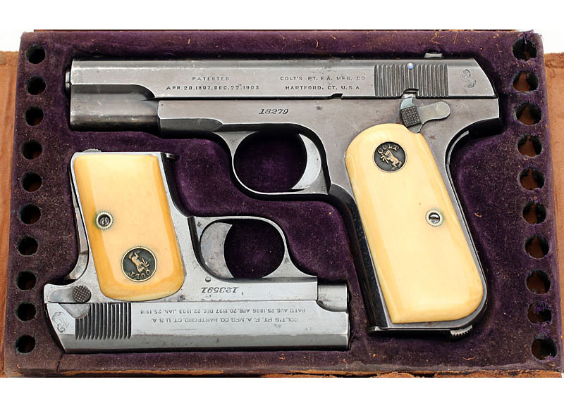 Colt 1908 Pocket Hammerless .380 ACP and 1908 Vest Pocket .25 ACP, cased with factory ivory stocks.